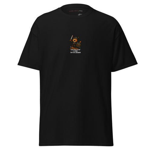 black unisex tattoo culture t-shirt with viking berserker cat graphic print