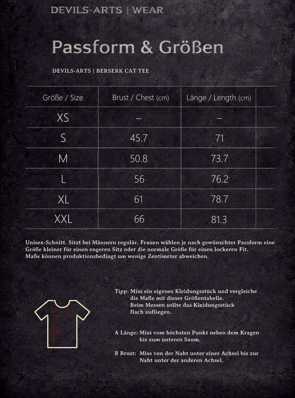 DEVILS-ARTS | WEAR Größentabelle für BERSERK CAT TEE mit Brust- und Längenmaßen sowie Messdiagramm