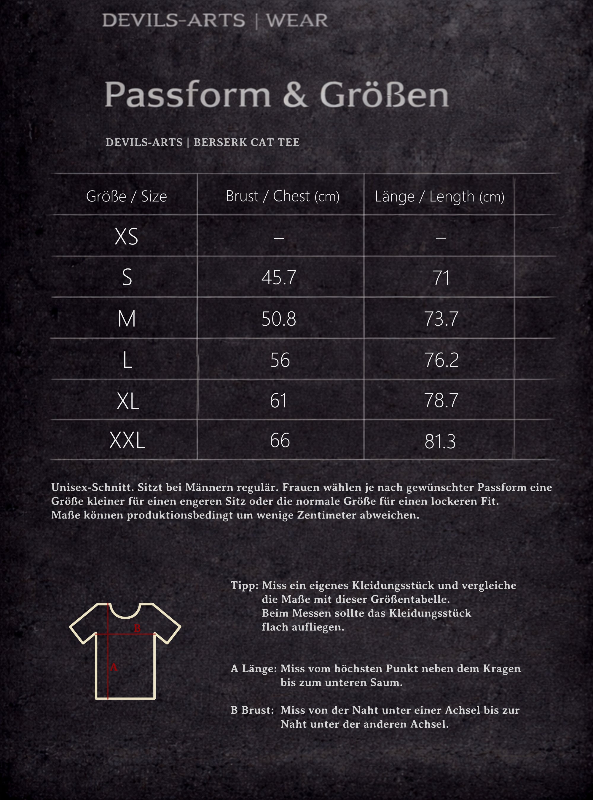 DEVILS-ARTS | WEAR Größentabelle für BERSERK CAT TEE mit Brust- und Längenmaßen sowie Messdiagramm