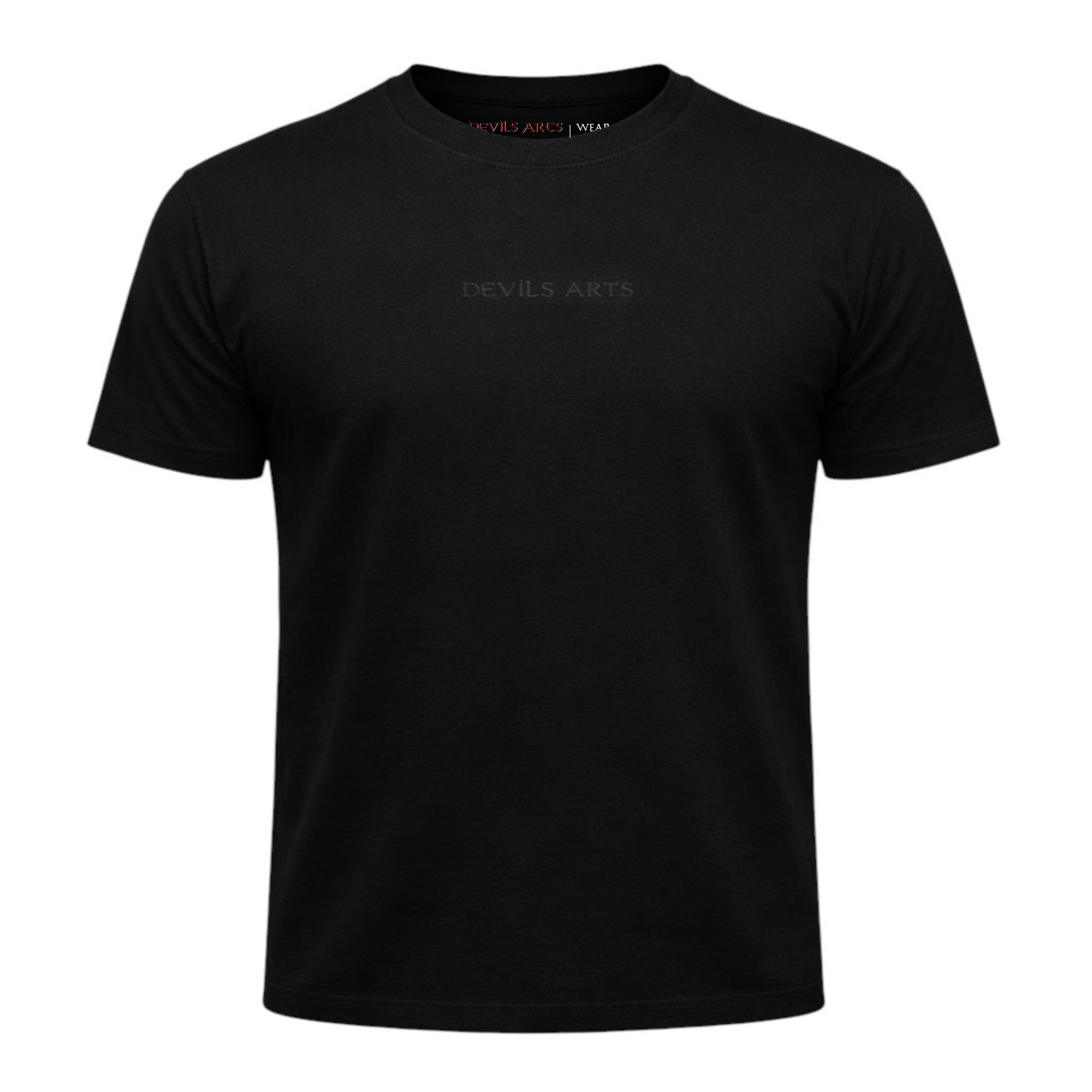 black t-shirt with small black embroidered DEVILS ARTS logo on chest tattoo streetwear
