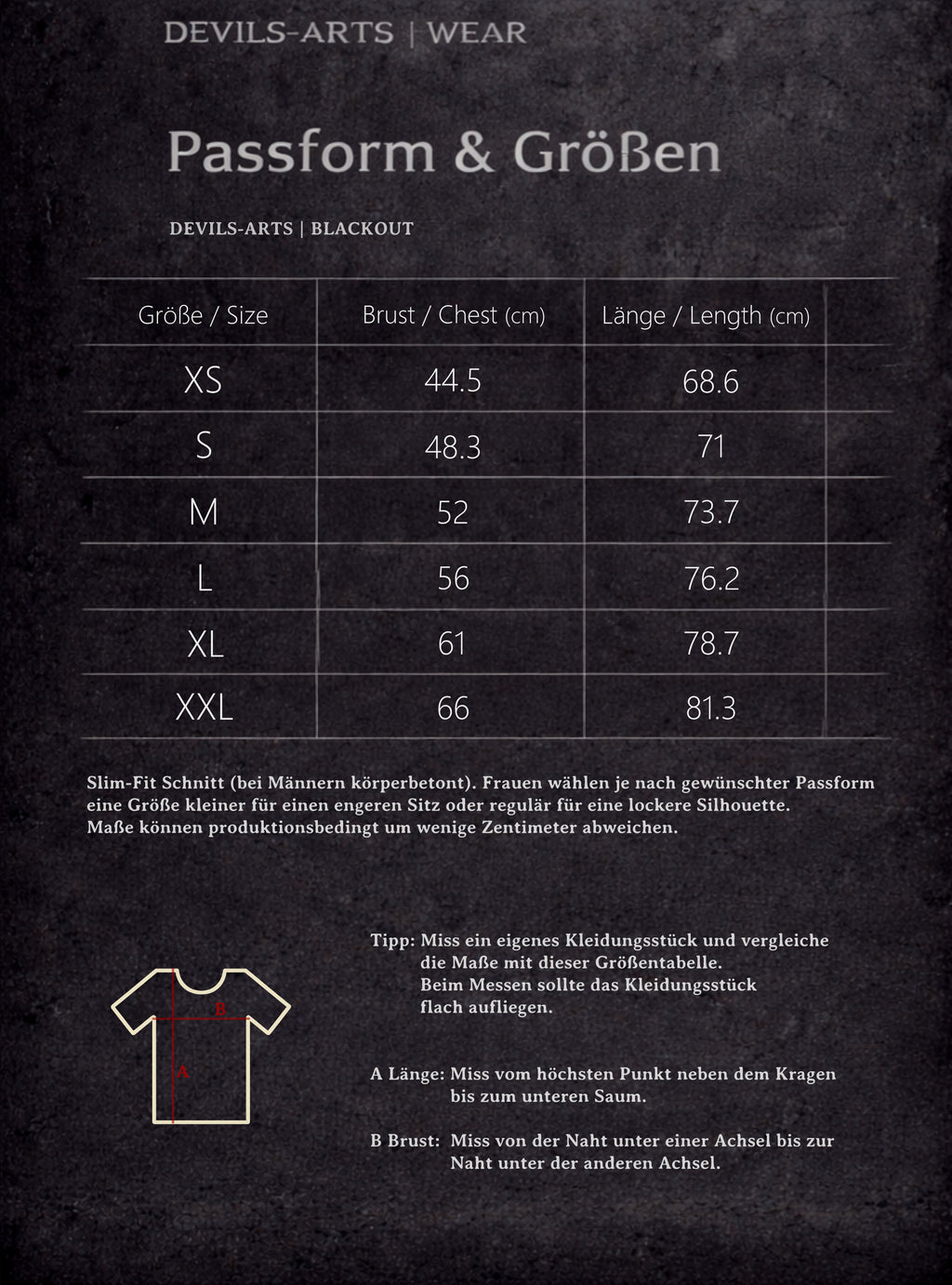 DEVILS-ARTS | WEAR Größentabelle für BLACKOUT TEE mit Brust- und Längenmaßen sowie Messdiagramm