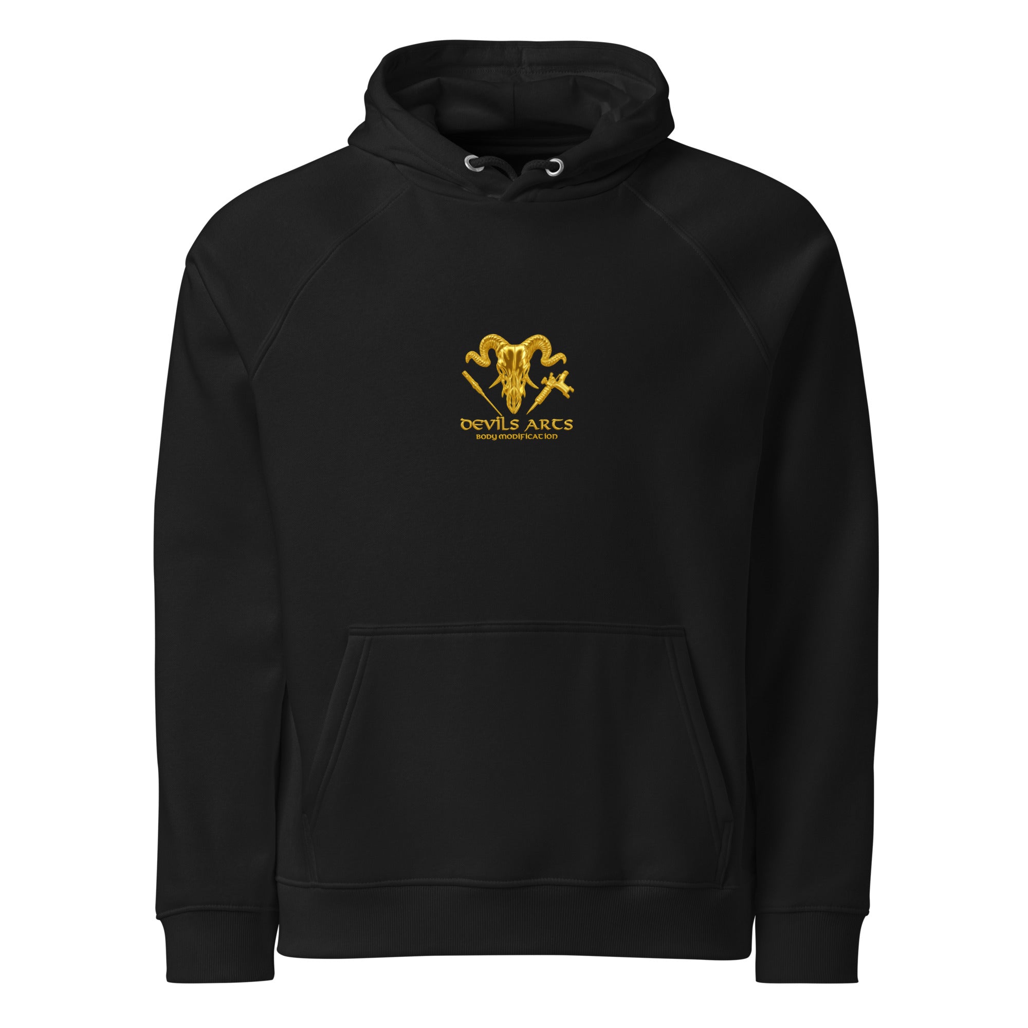 black unisex hoodie with gold DEVILS ARTS skull logo tattoo streetwear