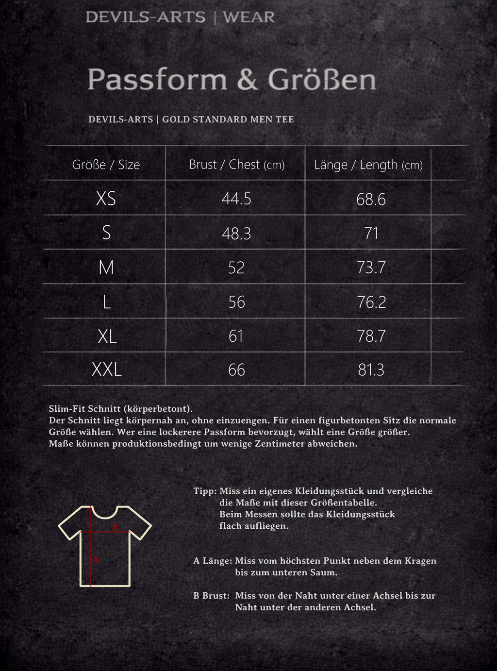 DEVILS-ARTS | WEAR size chart for GOLD STANDARD MEN TEE with chest and length measurements and measuring diagram