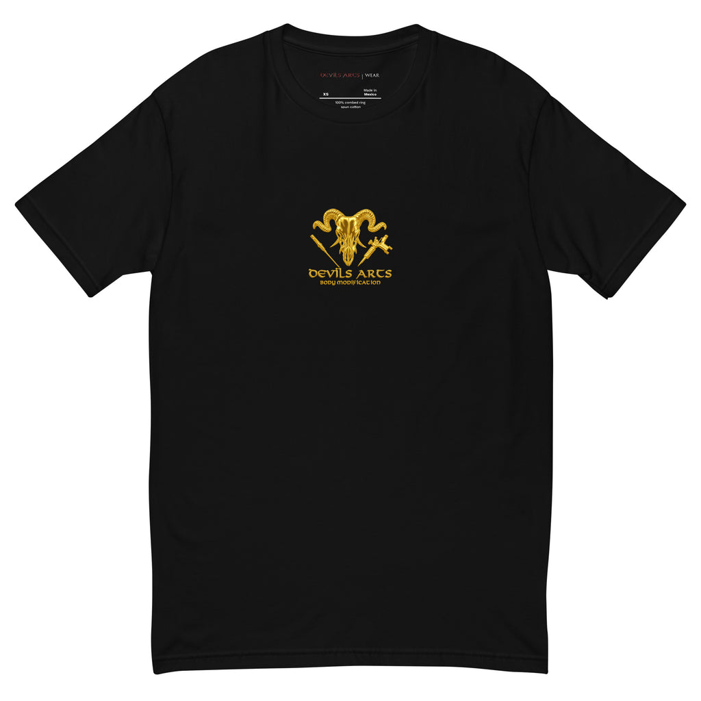 black men's t-shirt with gold DEVILS ARTS skull logo tattoo streetwear