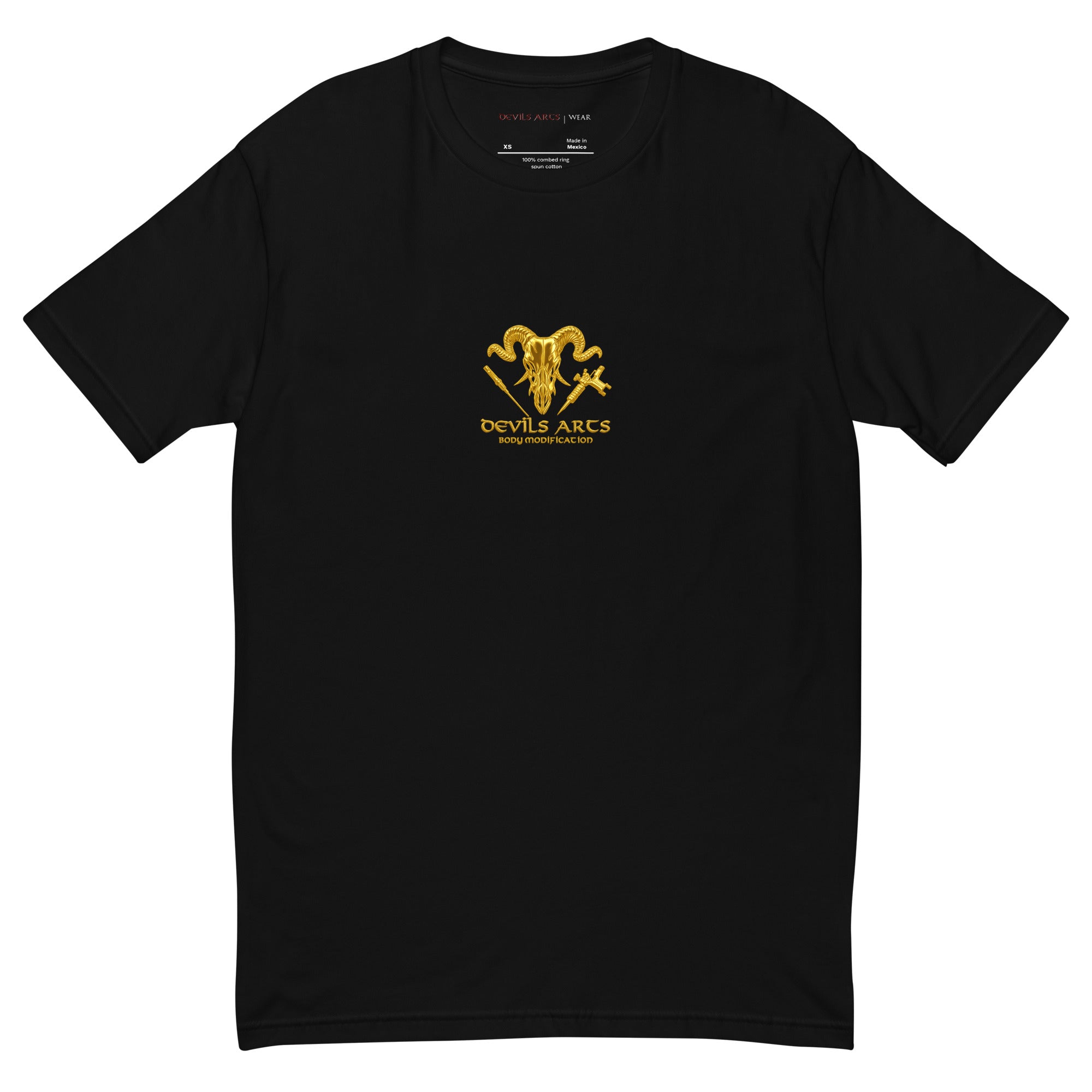 black men's t-shirt with gold DEVILS ARTS skull logo tattoo streetwear