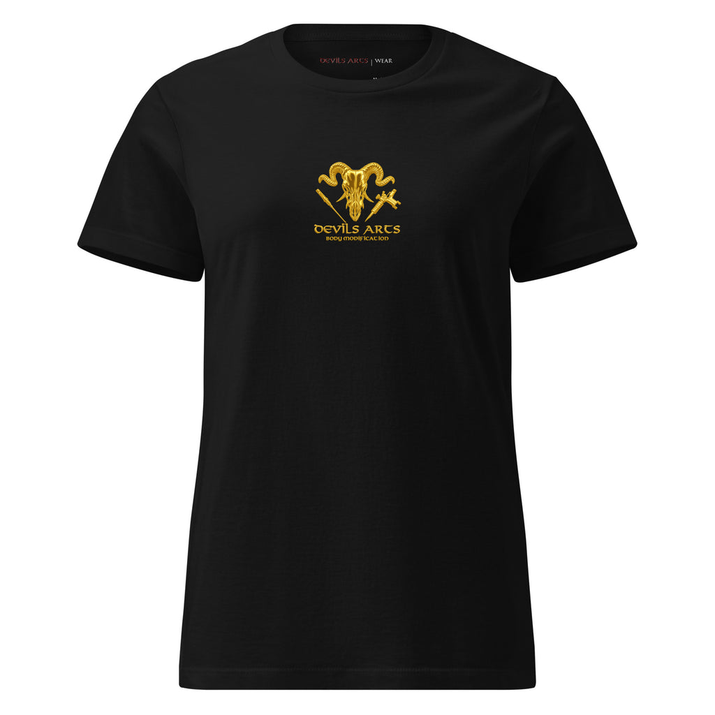 black women's t-shirt with gold DEVILS ARTS skull logo tattoo streetwear