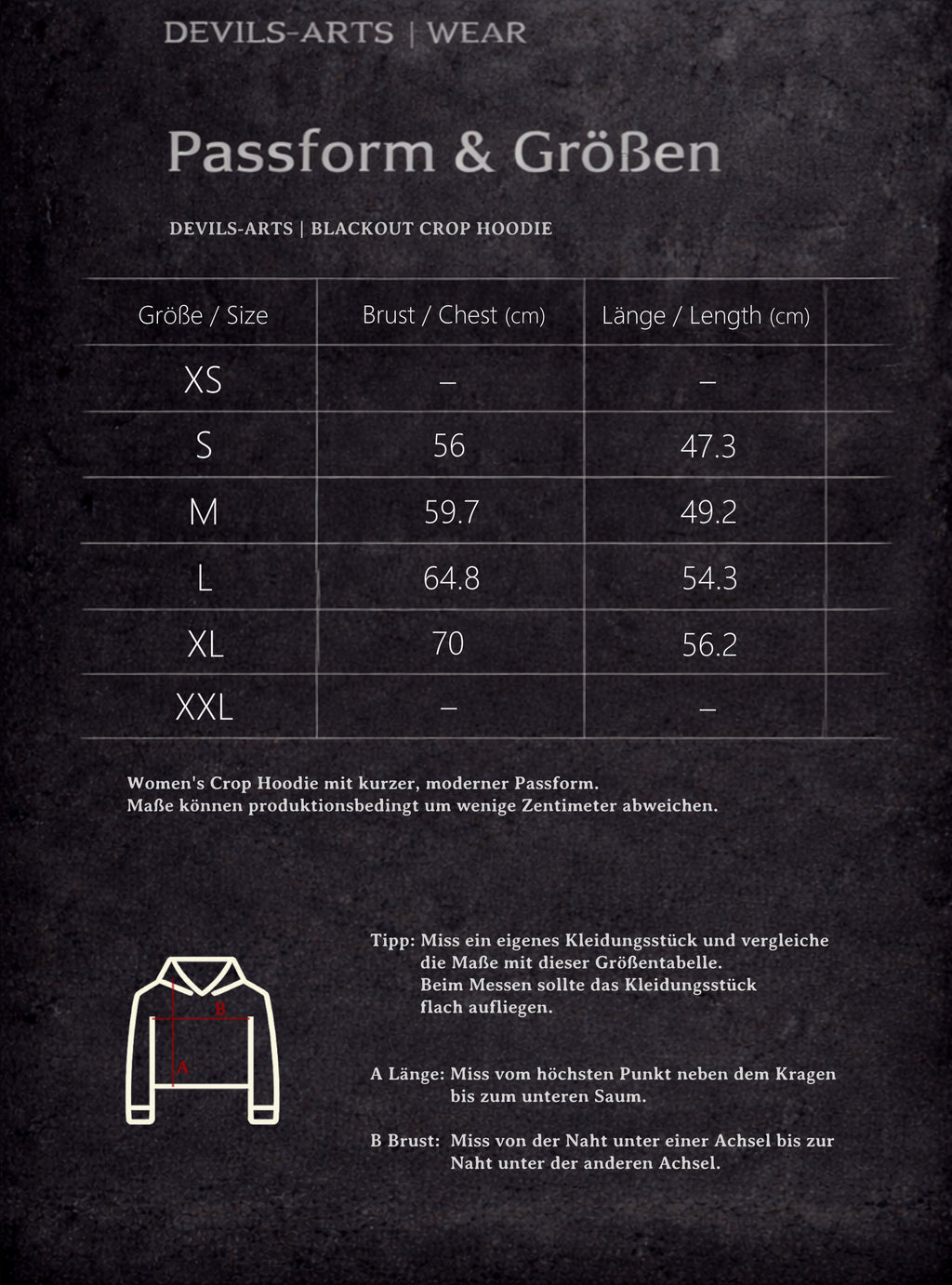 DEVILS-ARTS | WEAR size chart for BLACKOUT CROP HOODIE with chest and length measurements and measuring diagram