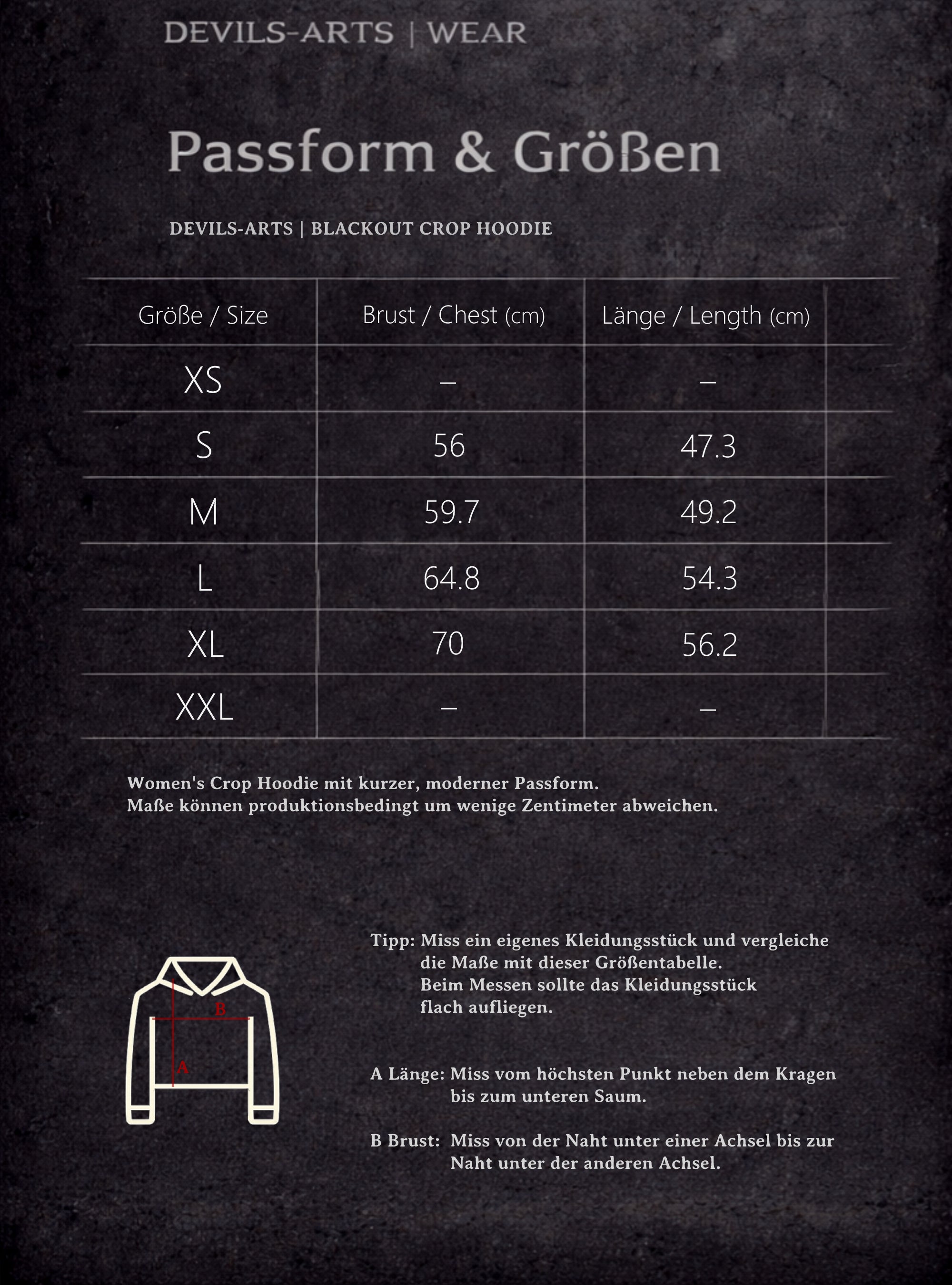 DEVILS-ARTS | WEAR size chart for BLACKOUT CROP HOODIE with chest and length measurements and measuring diagram