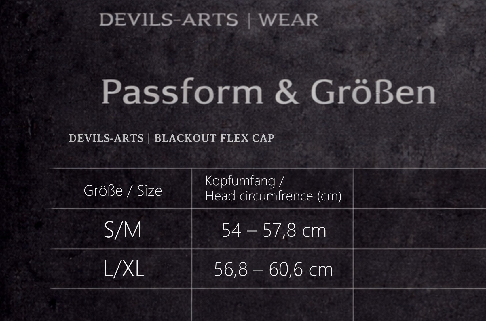 DEVILS-ARTS | WEAR Größentabelle für BLACKOUT FLEX CAP mit Kopfumfang in Zentimetern für die Größen S/M und L/XL.