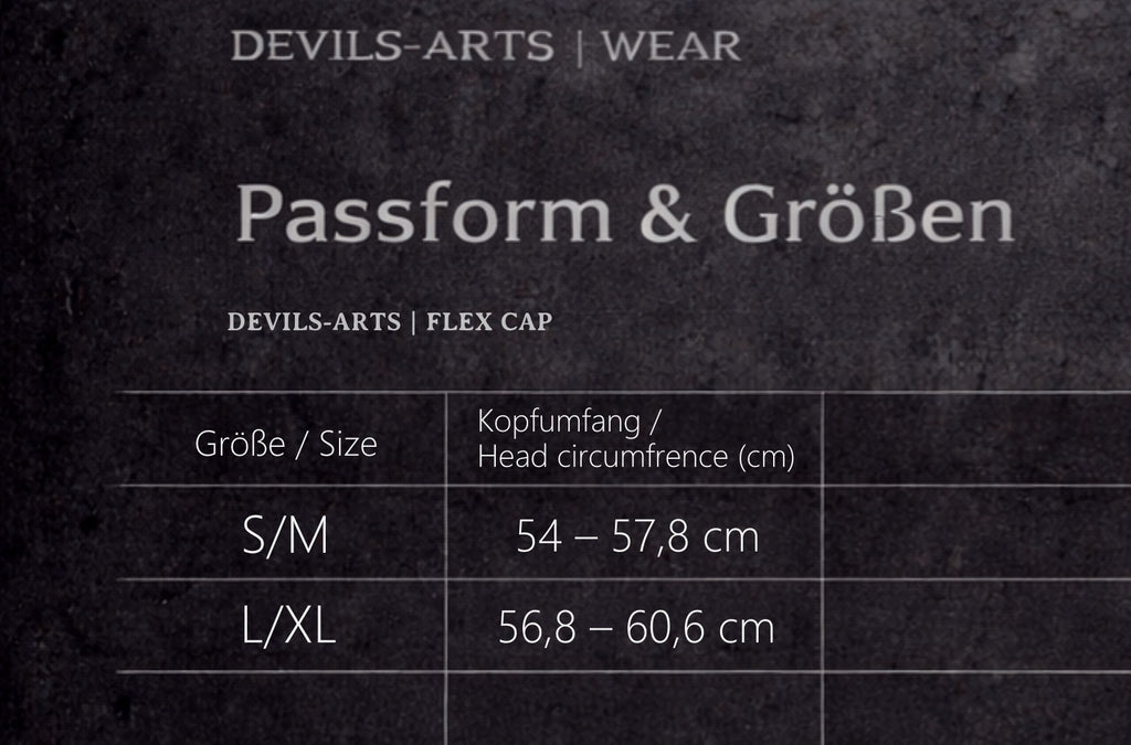 DEVILS-ARTS | WEAR Größentabelle der DEVILS-ARTS | FLEX CAP mit Kopfumfang (cm) für S/M und L/XL.