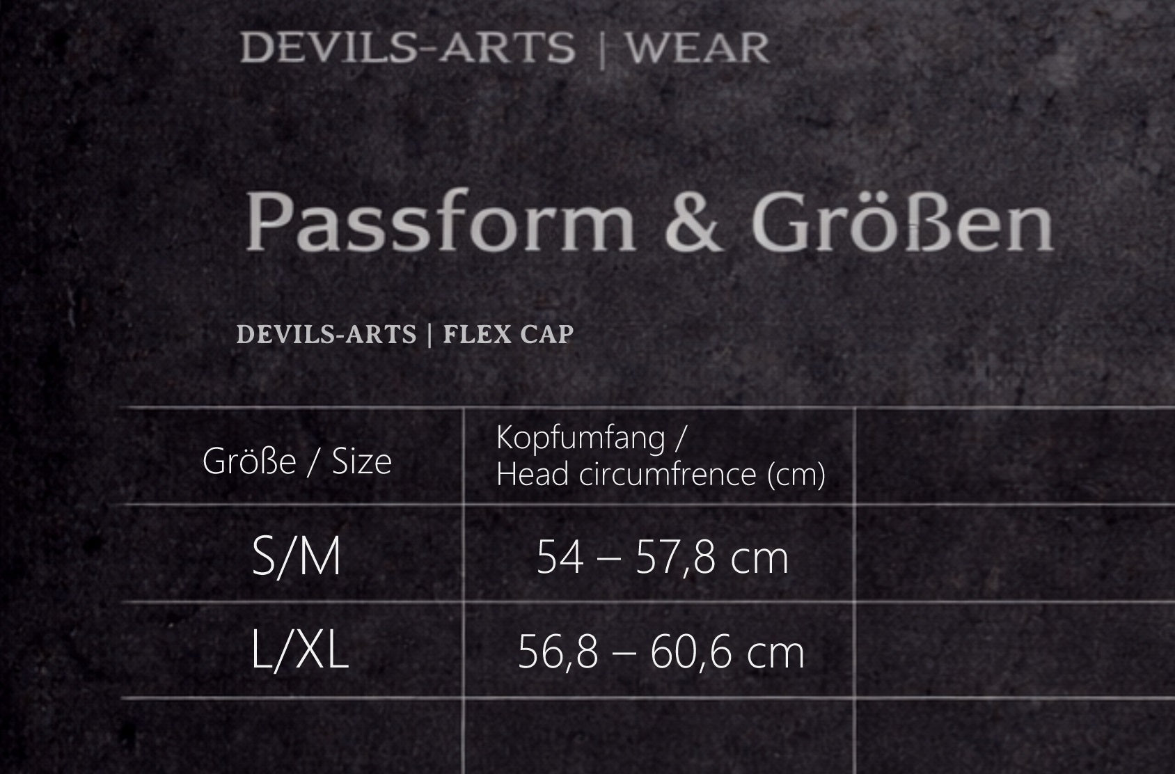 DEVILS-ARTS | WEAR Größentabelle der DEVILS-ARTS | FLEX CAP mit Kopfumfang (cm) für S/M und L/XL.