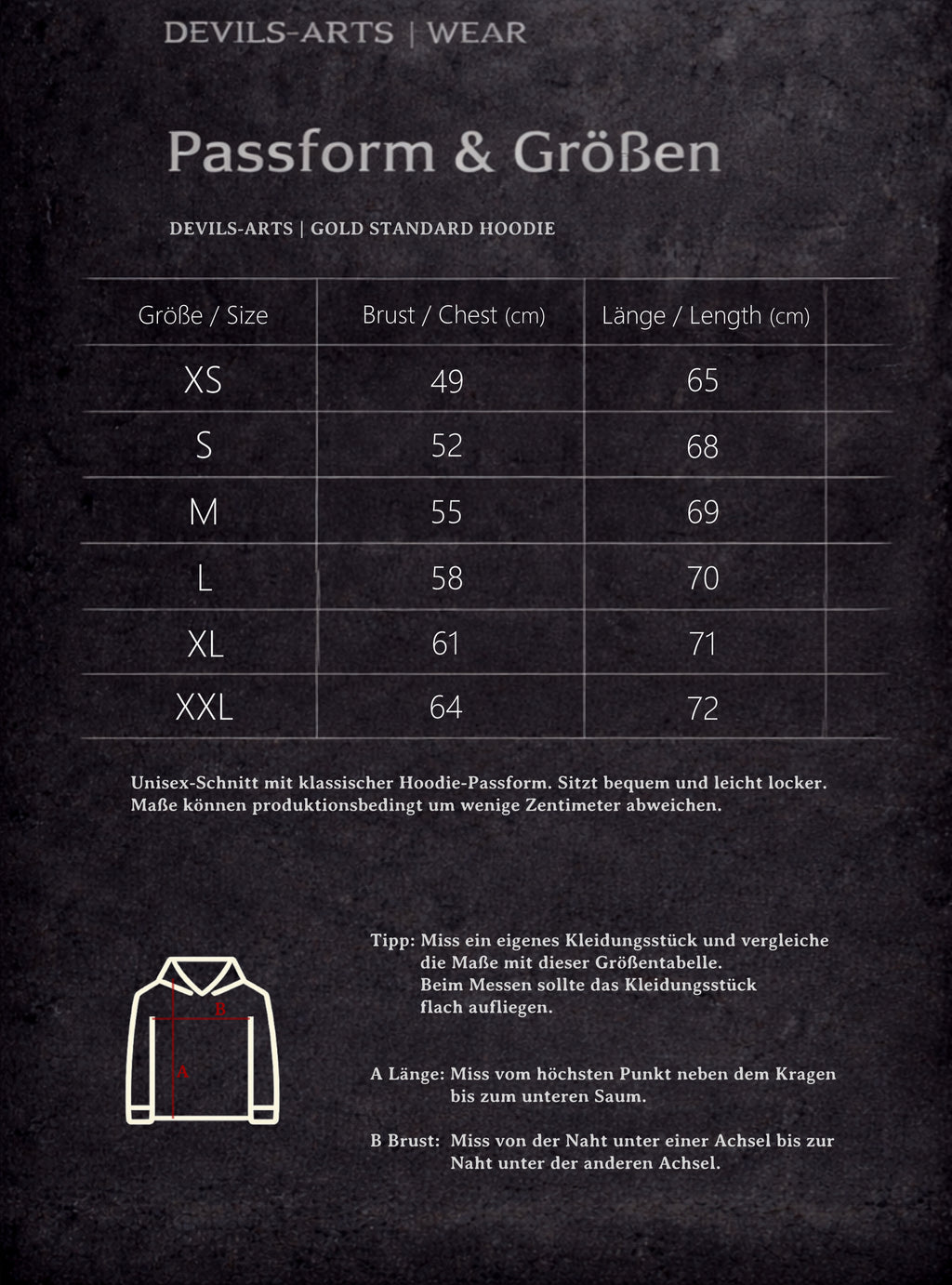 DEVILS-ARTS | WEAR size chart for GOLD STANDARD HOODIE with chest and length measurements and measuring diagram