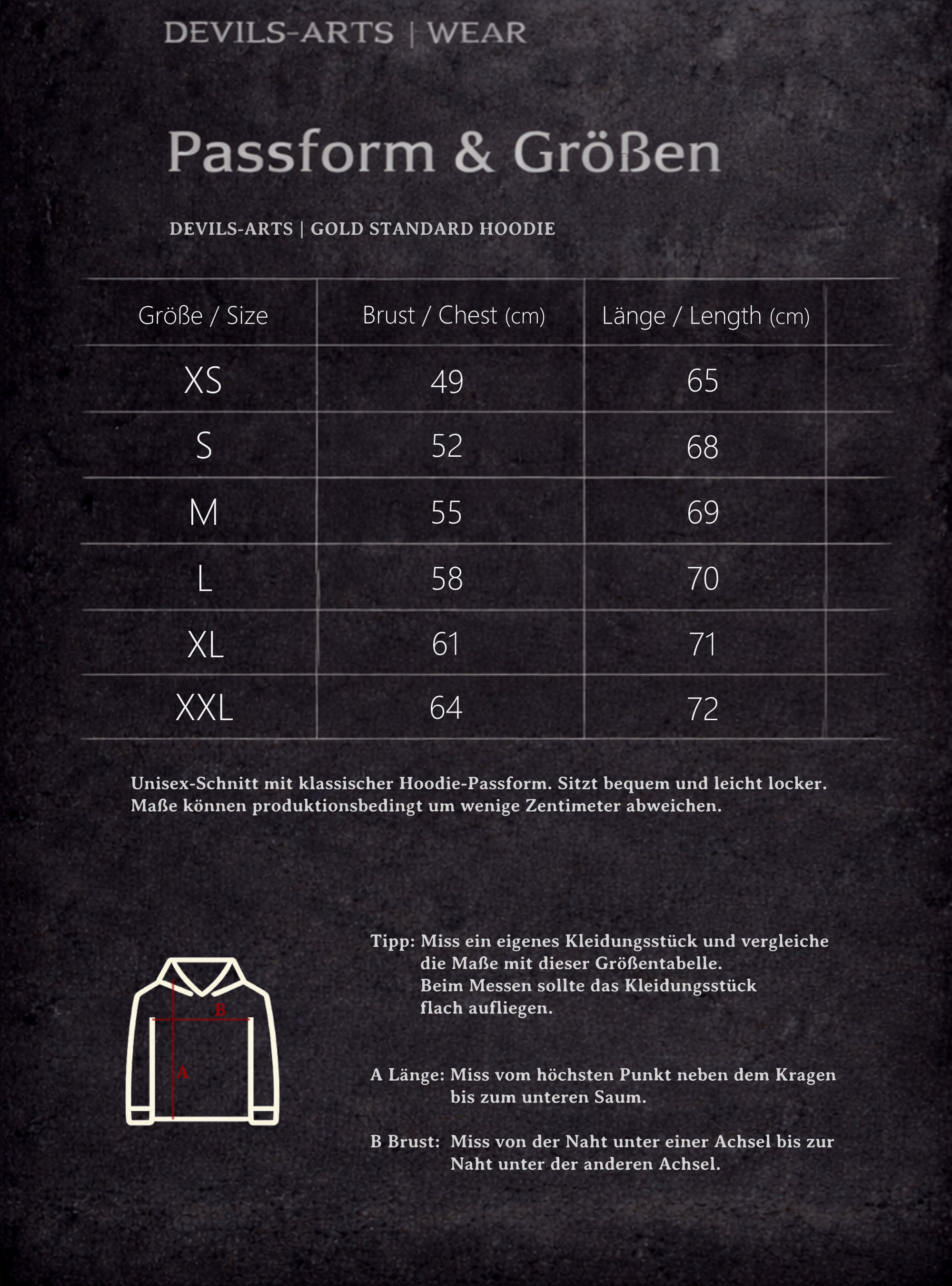 DEVILS-ARTS | WEAR size chart for GOLD STANDARD HOODIE with chest and length measurements and measuring diagram