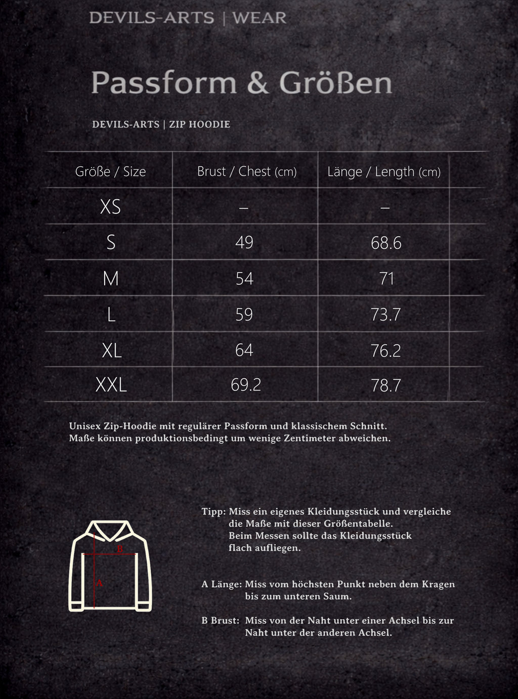 DEVILS-ARTS | WEAR size chart for ZIP HOODIE with chest and length measurements and measuring diagram