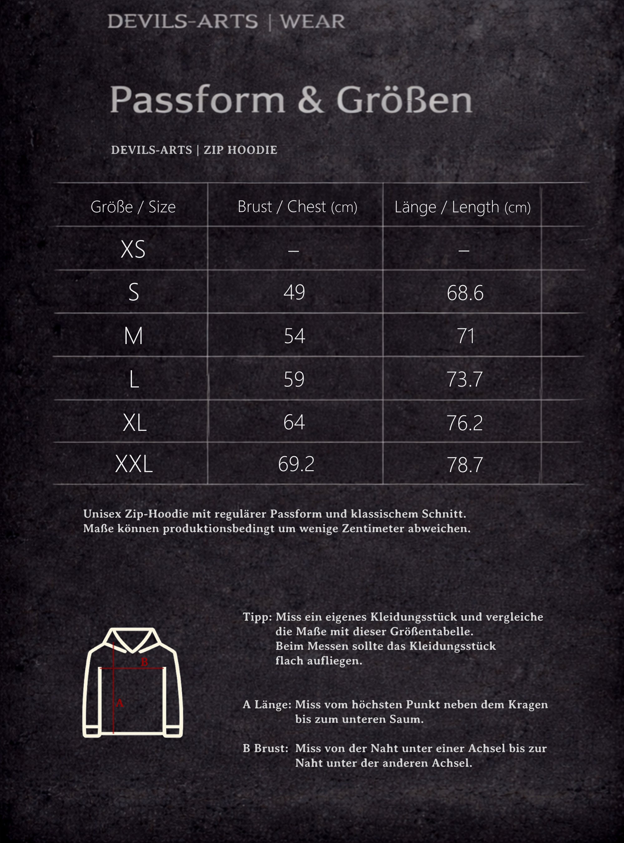 DEVILS-ARTS | WEAR size chart for ZIP HOODIE with chest and length measurements and measuring diagram