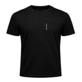 black t-shirt with minimal vertical bar embroidered logo tattoo streetwear