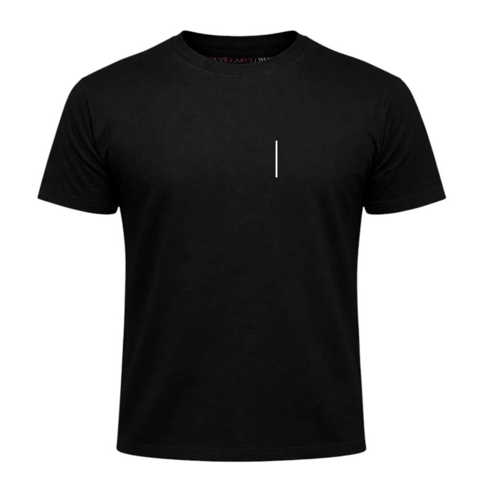 black t-shirt with minimal vertical bar embroidered logo tattoo streetwear