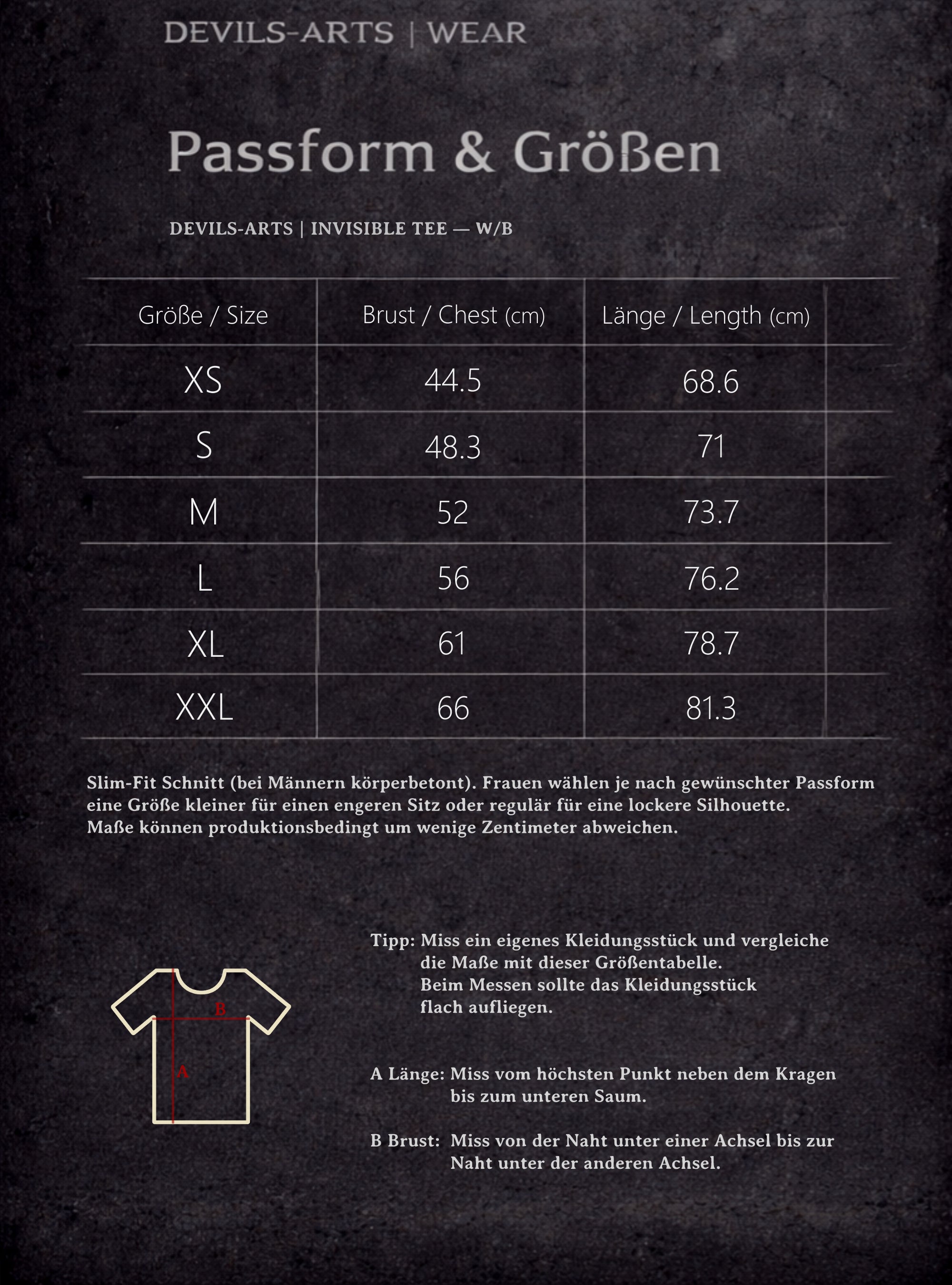 DEVILS-ARTS | WEAR Größentabelle für INVISIBLE TEE mit Brust- und Längenmaßen sowie Messdiagramm