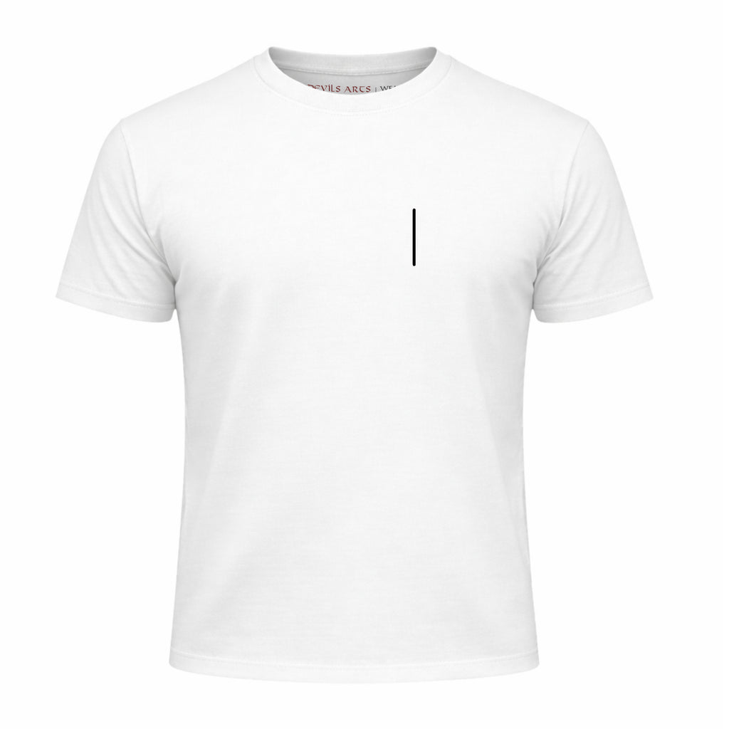 white t-shirt with minimal vertical bar embroidered logo tattoo streetwear