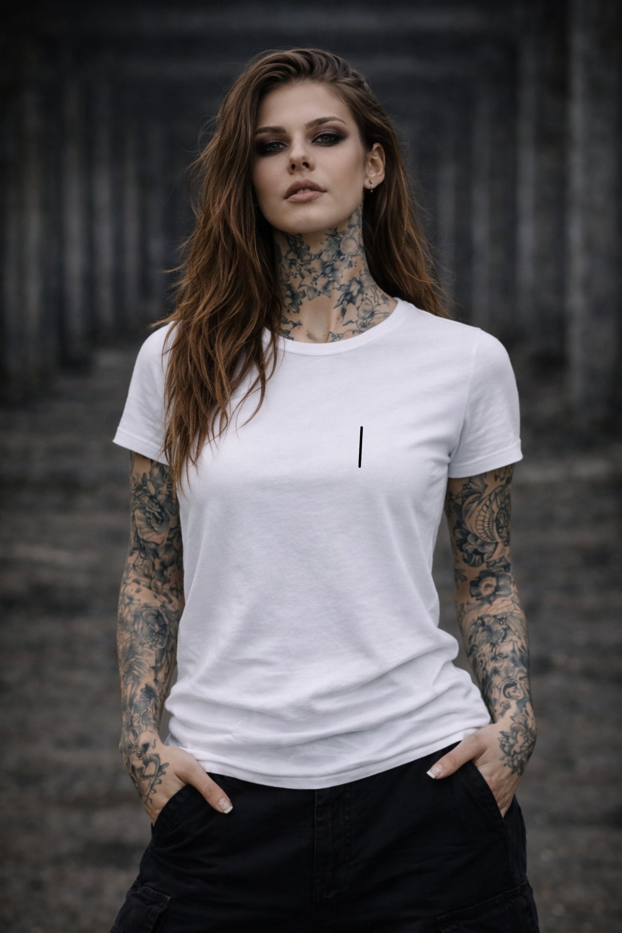 tattooed female model wearing white DEVILS ARTS minimal vertical bar t-shirt tattoo streetwear