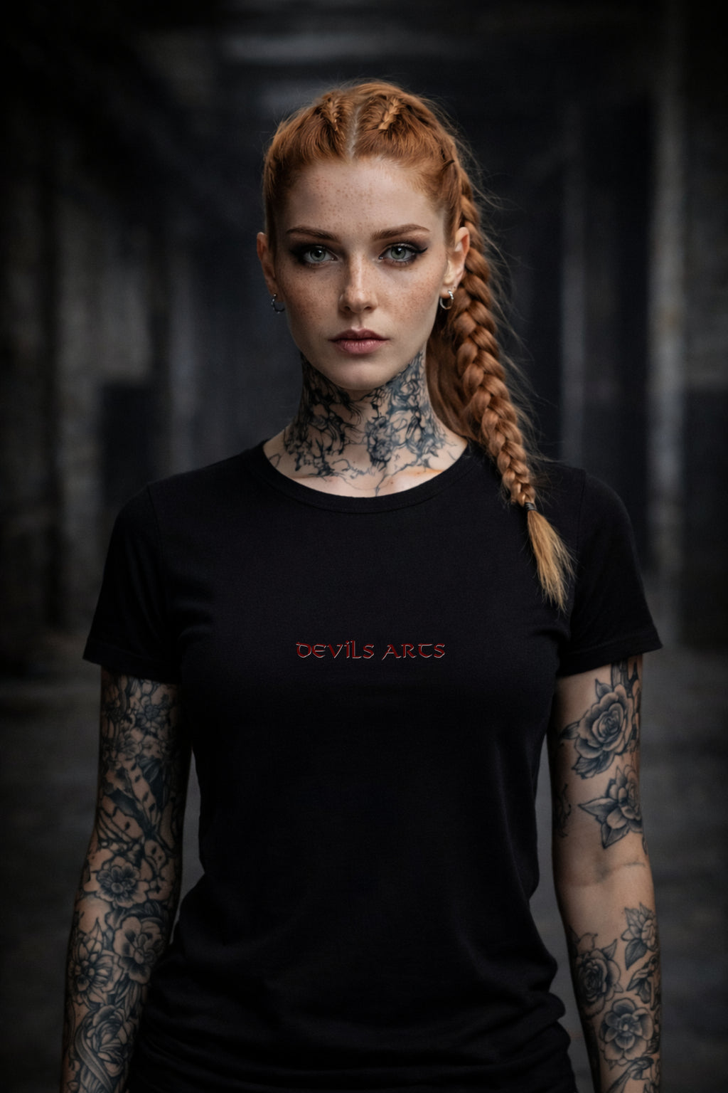 modella tatuata con T-shirt nera e tipografia DEVILS ARTS, dark tattoo streetwear