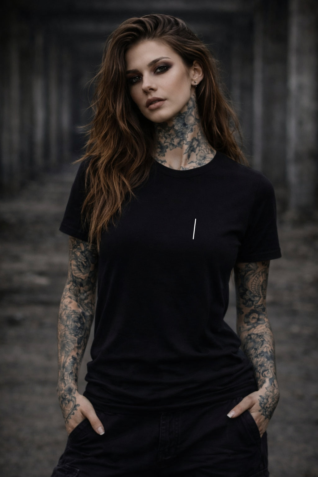 tattooed female model wearing black DEVILS ARTS minimal vertical bar t-shirt tattoo streetwear