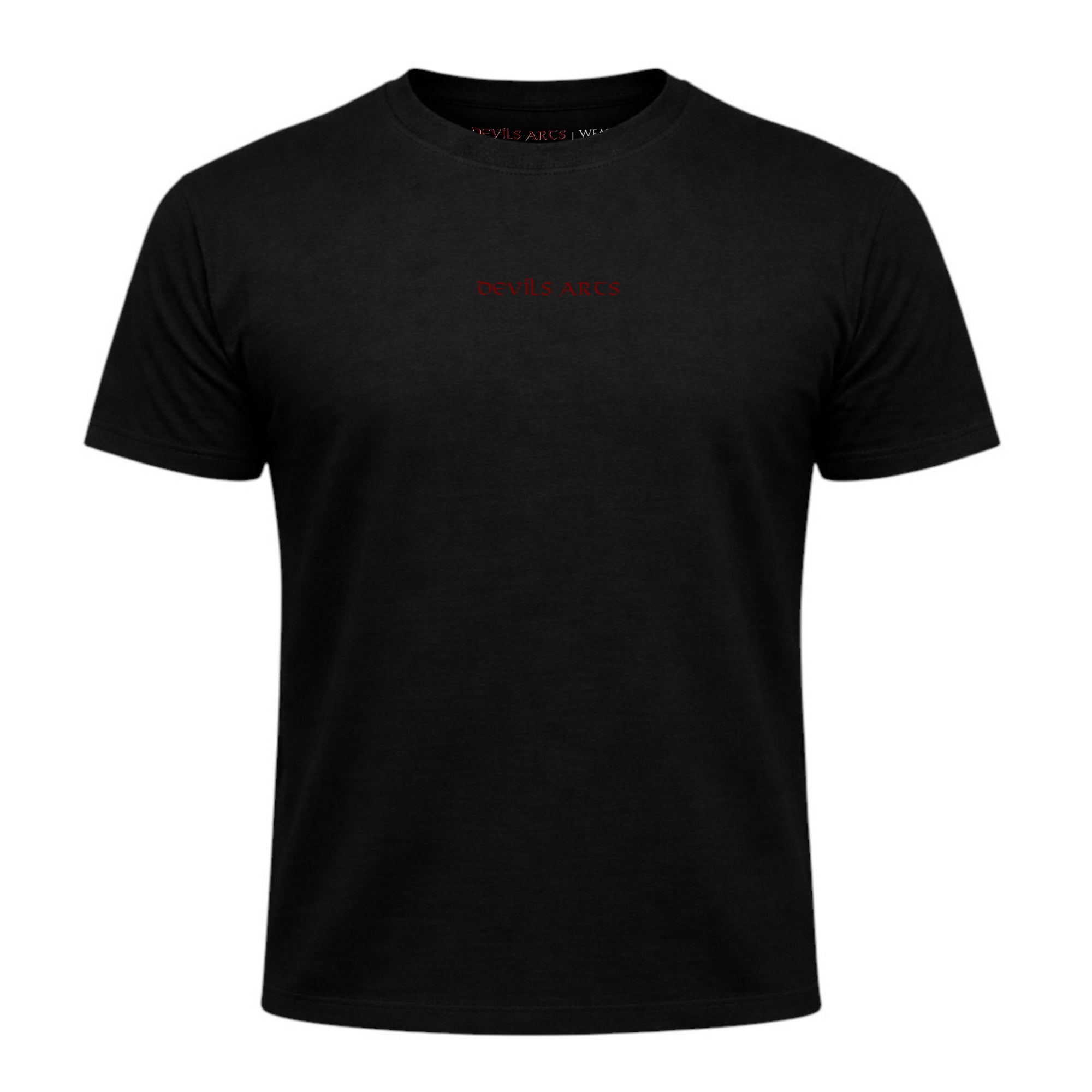 black t-shirt with small bordeaux embroidered DEVILS ARTS logo on chest tattoo streetwear