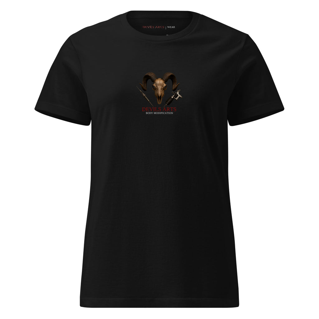 black women's tattoo culture t-shirt with DEVILS-ARTS ram skull logo print on chest