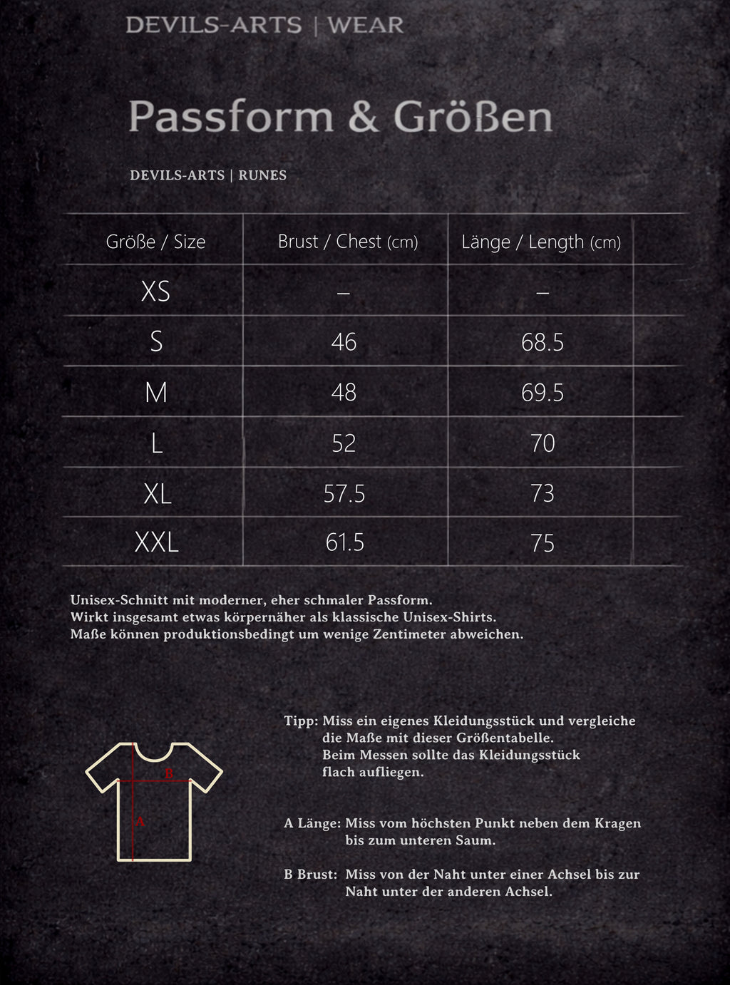 DEVILS-ARTS | WEAR Größentabelle für RUNES TEE mit Brust- und Längenmaßen sowie Messdiagramm