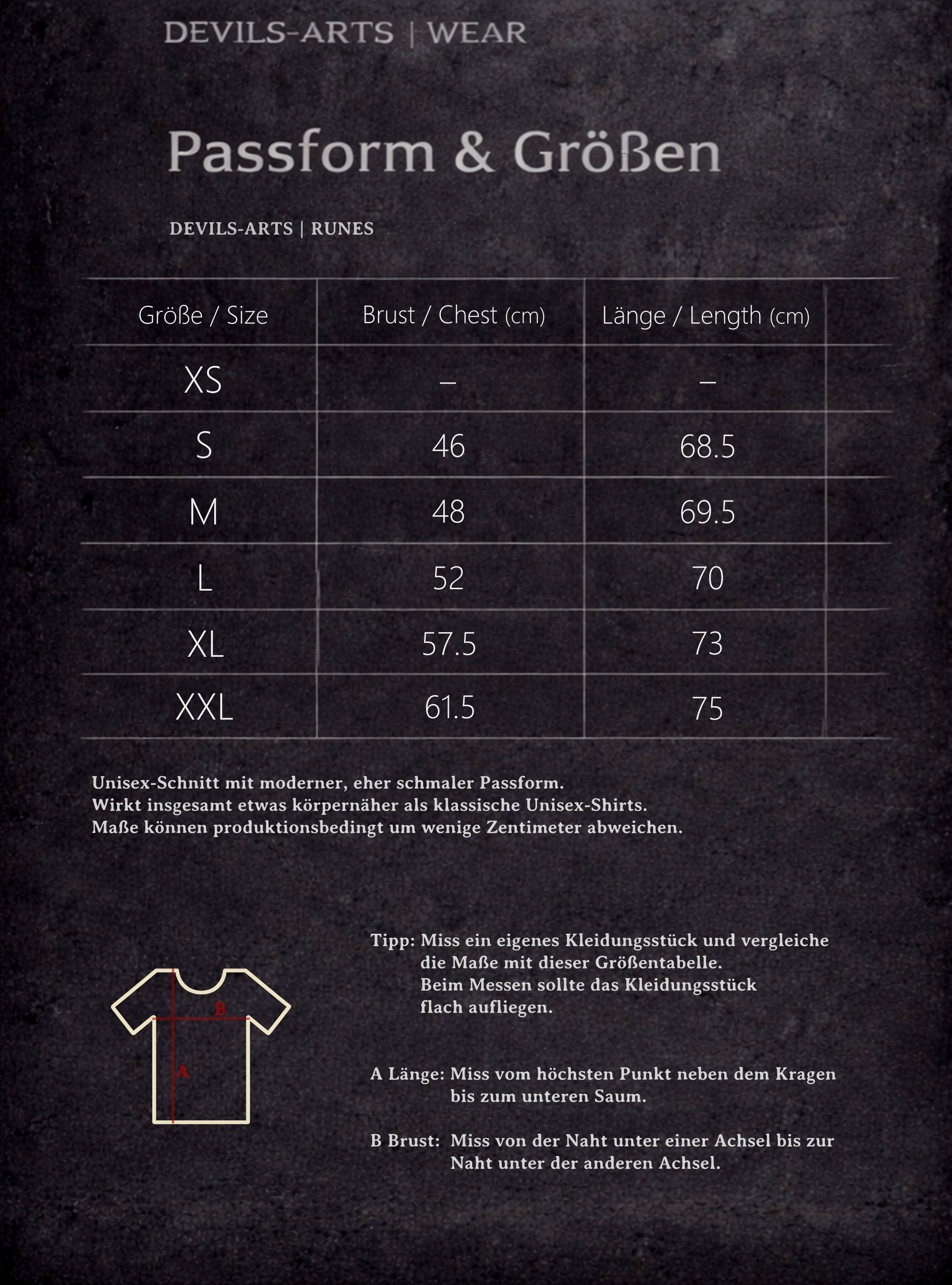 DEVILS-ARTS | WEAR Größentabelle für RUNES TEE mit Brust- und Längenmaßen sowie Messdiagramm