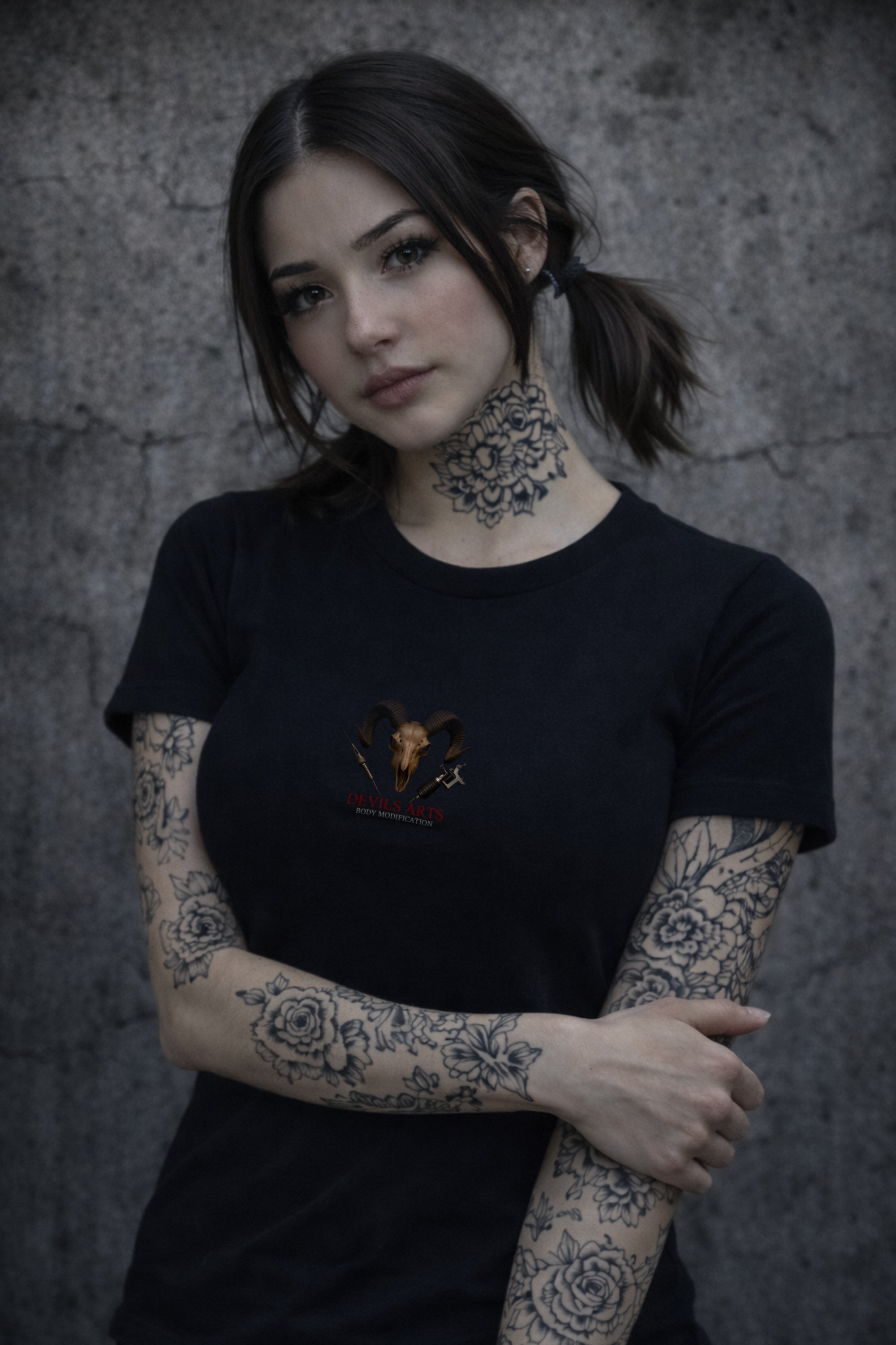 tattooed woman wearing black DEVILS-ARTS ram skull logo tattoo culture t-shirt