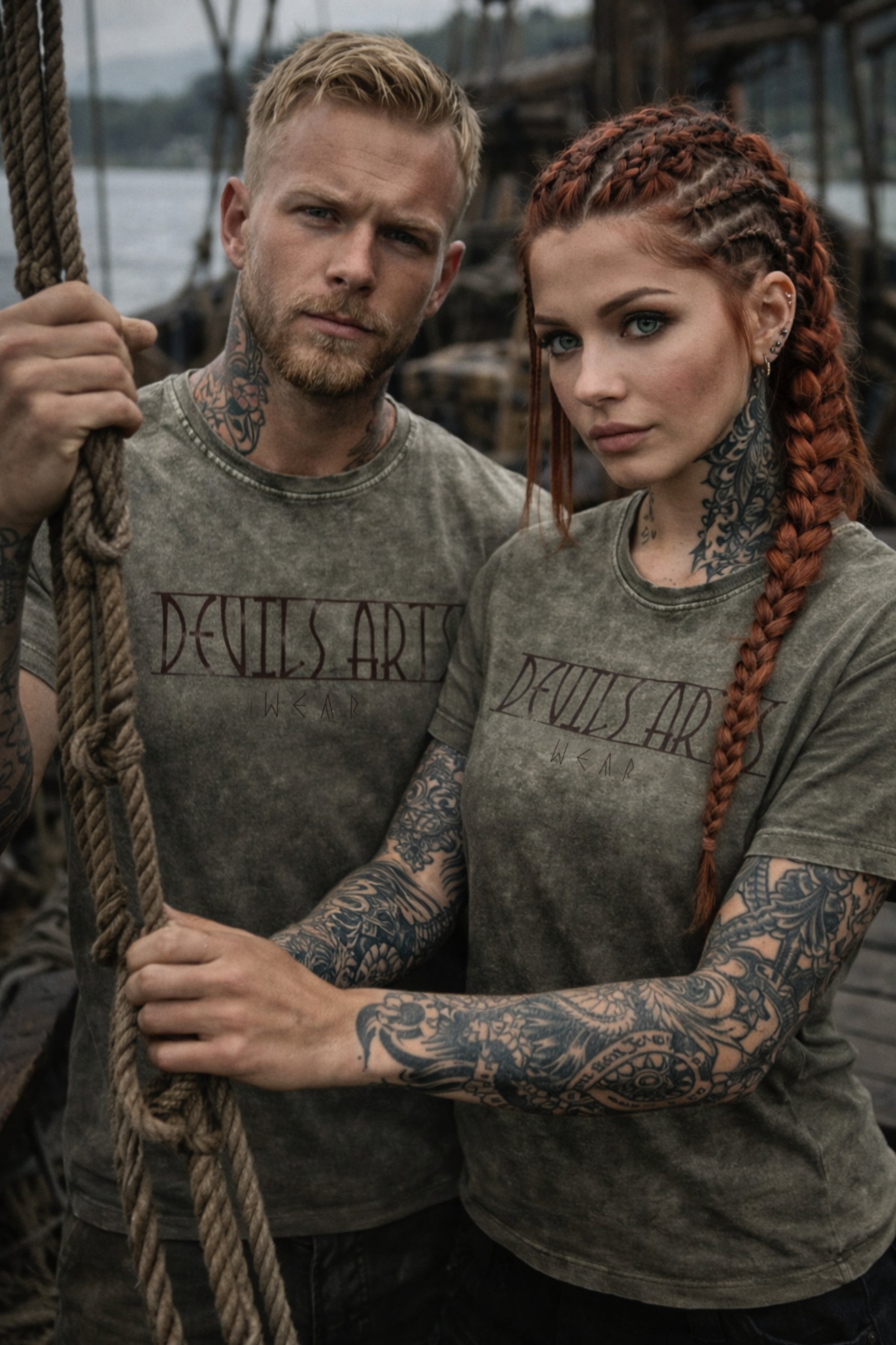 tattooed male and female models wearing green DEVILS ARTS runic t-shirt viking tattoo streetwear