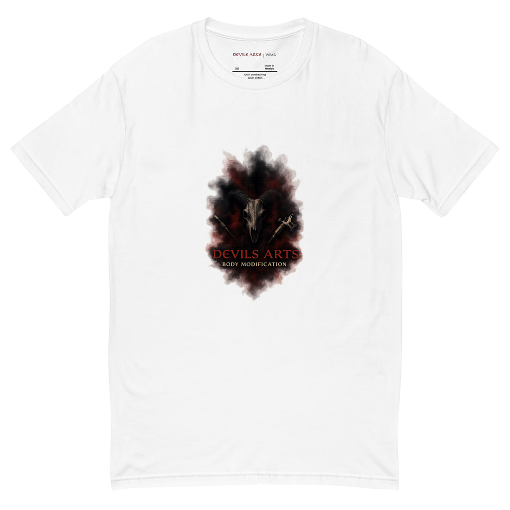 white men's t-shirt with DEVILS ARTS smoke sigil skull logo tattoo streetwear