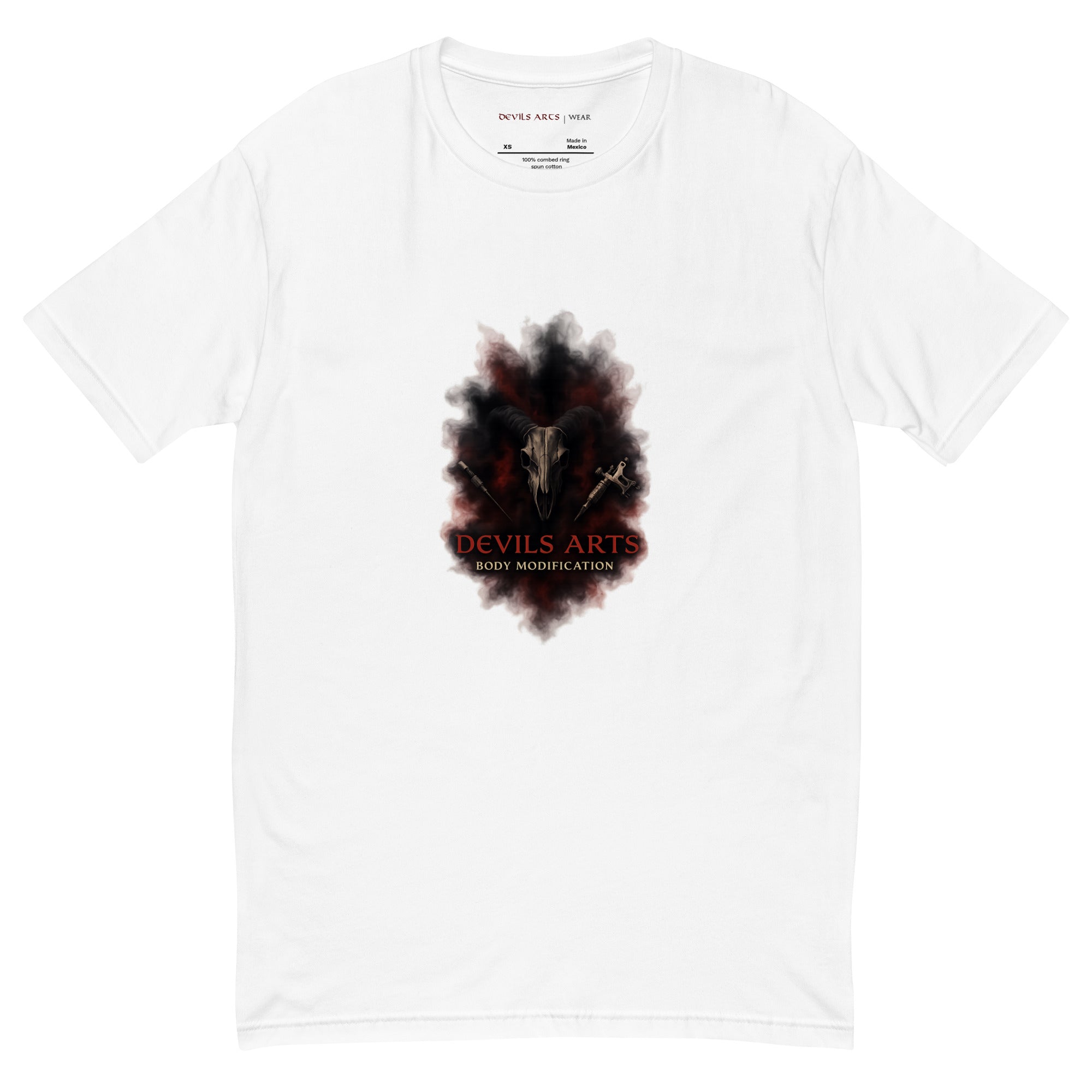 white men's t-shirt with DEVILS ARTS smoke sigil skull logo tattoo streetwear