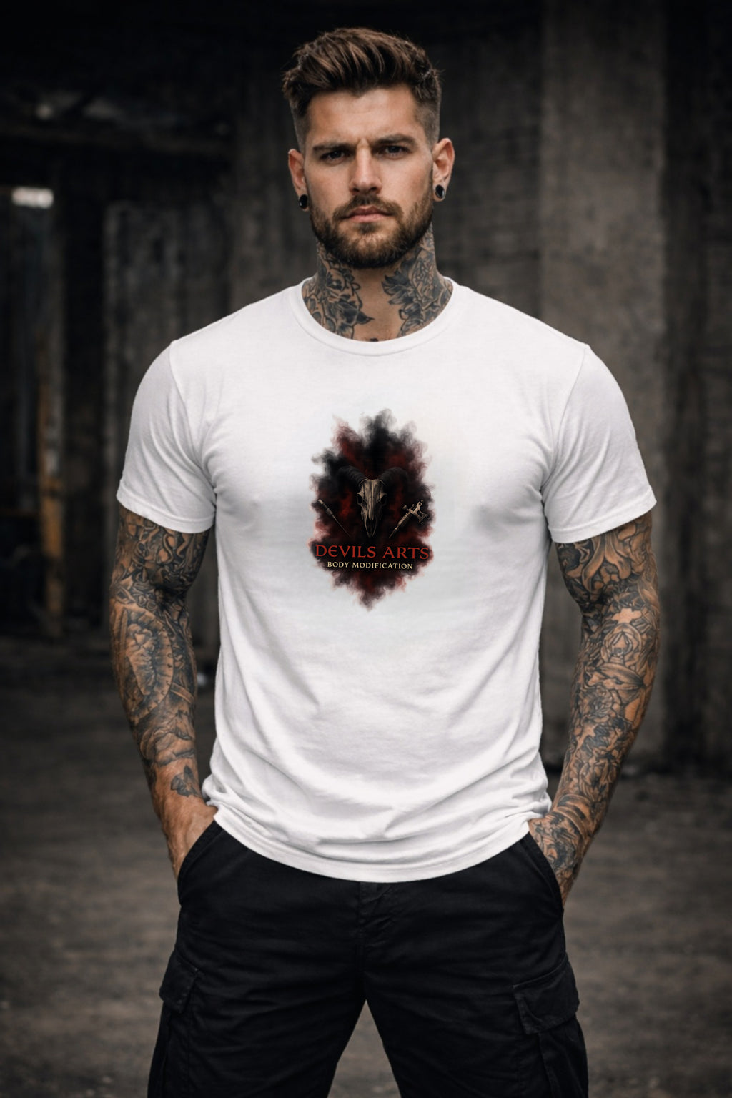 tattooed male model wearing white DEVILS ARTS smoke sigil logo t-shirt dark tattoo streetwear