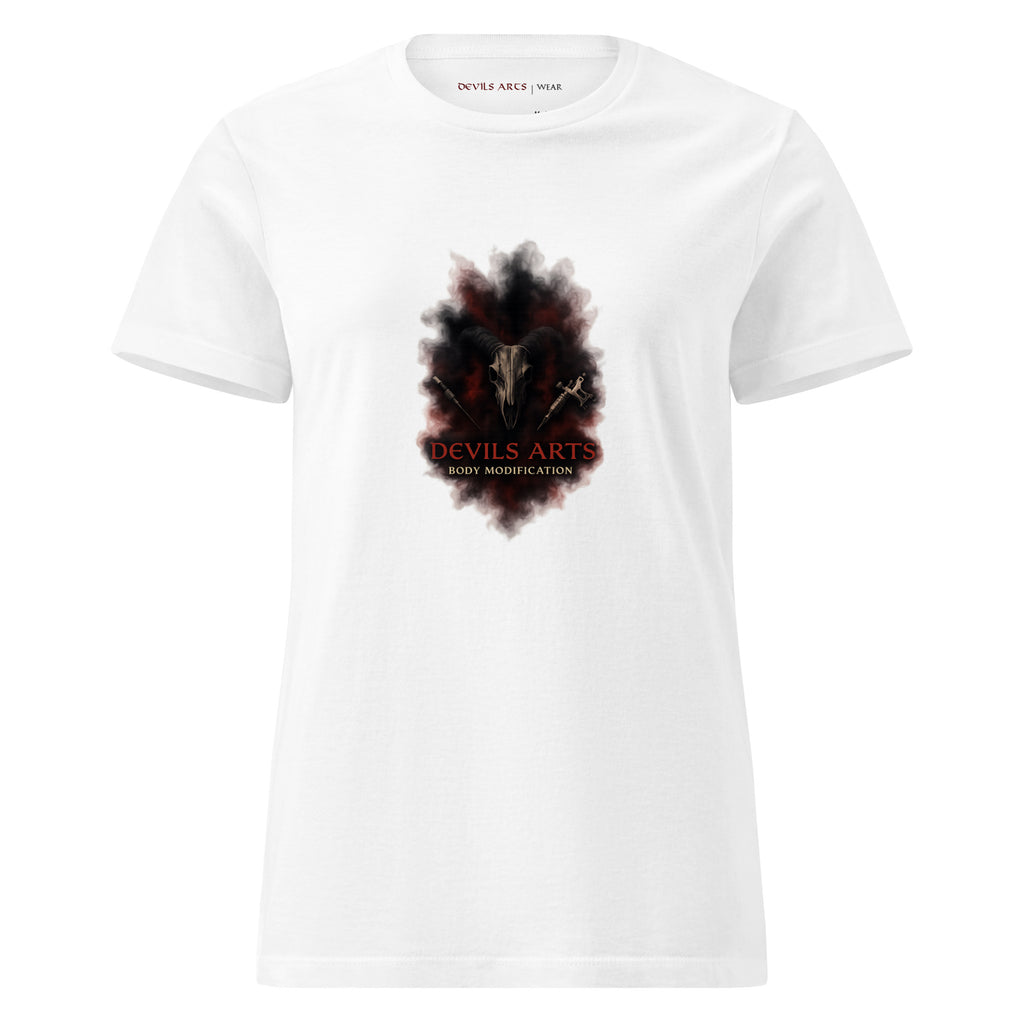 white women's t-shirt with DEVILS ARTS smoke sigil skull logo tattoo streetwear