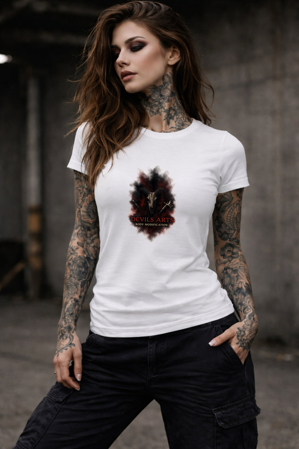 tattooed female model wearing white DEVILS ARTS smoke sigil skull logo t-shirt tattoo streetwear