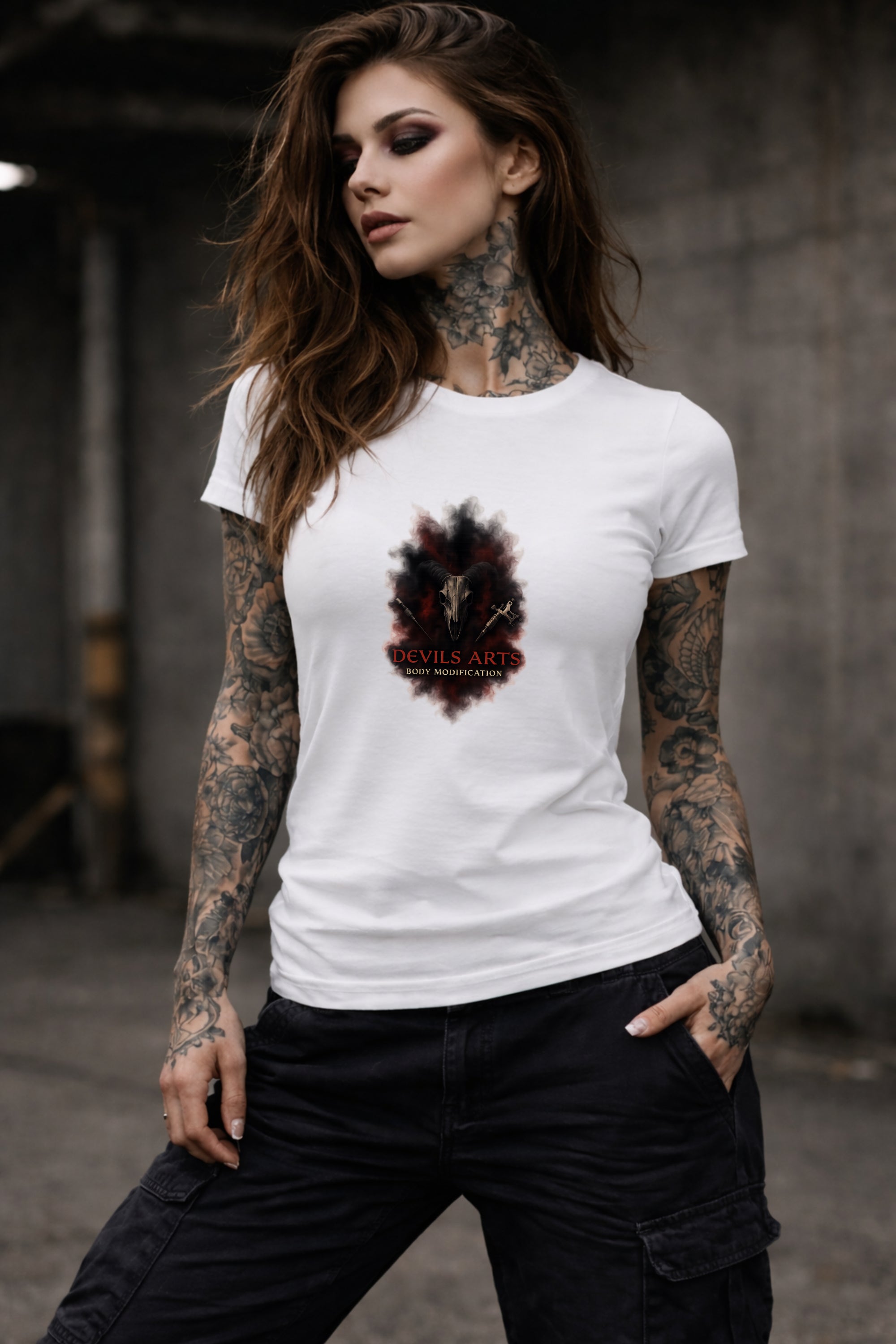 tattooed female model wearing white DEVILS ARTS smoke sigil skull logo t-shirt tattoo streetwear