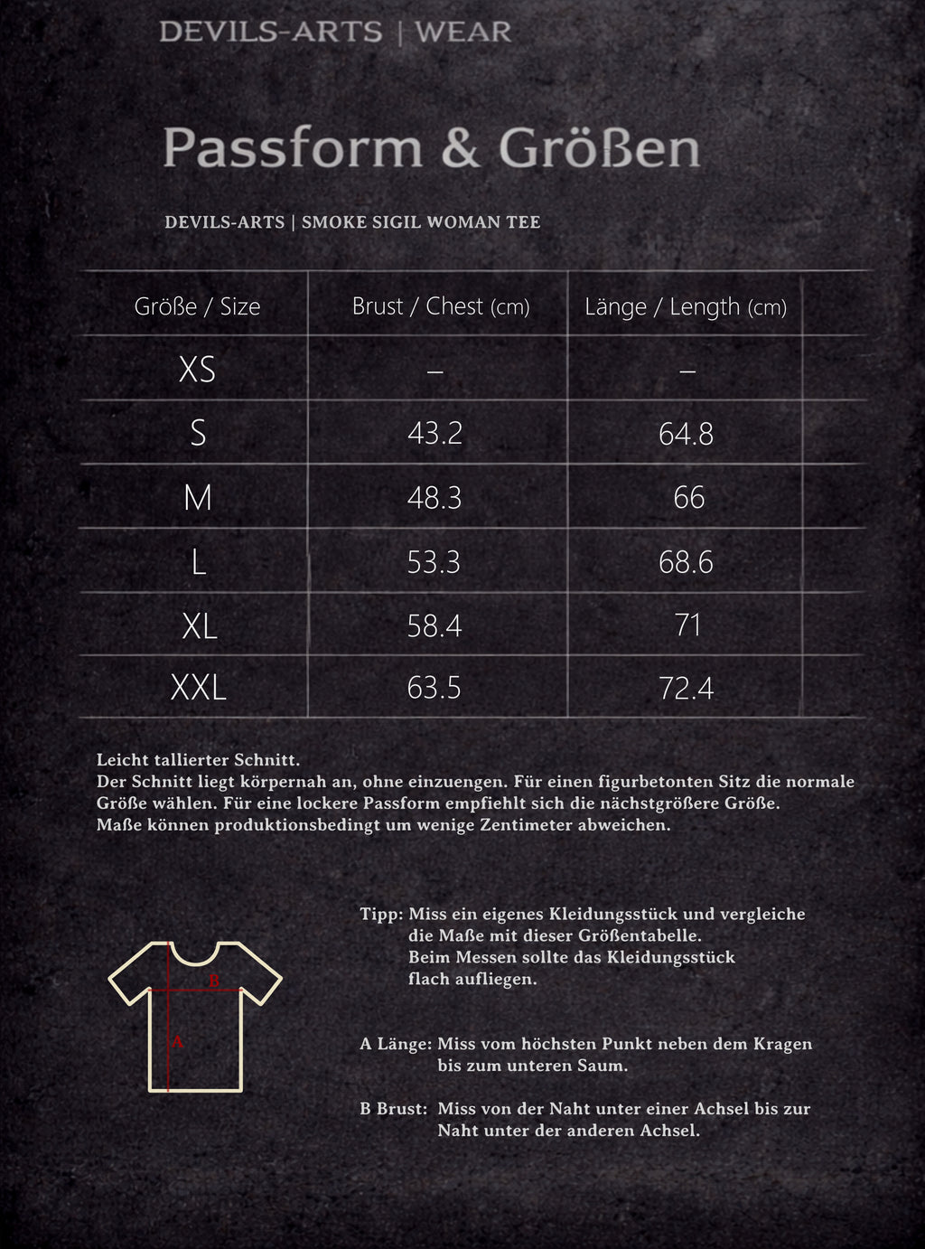 DEVILS-ARTS | WEAR size chart for SMOKE SIGIL WOMAN TEE with chest and length measurements and measuring diagram