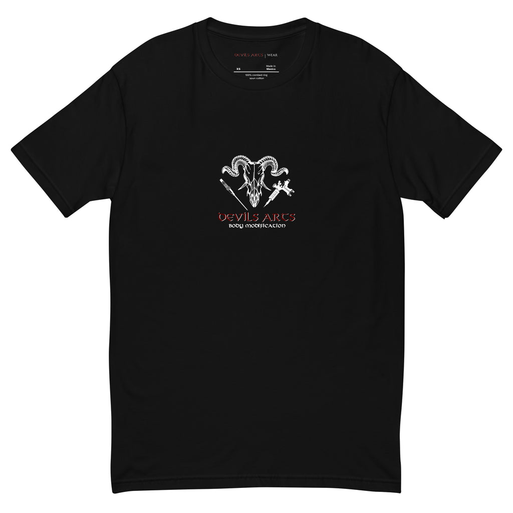 black men's t-shirt with DEVILS-ARTS skull logo chest print tattoo culture streetwear