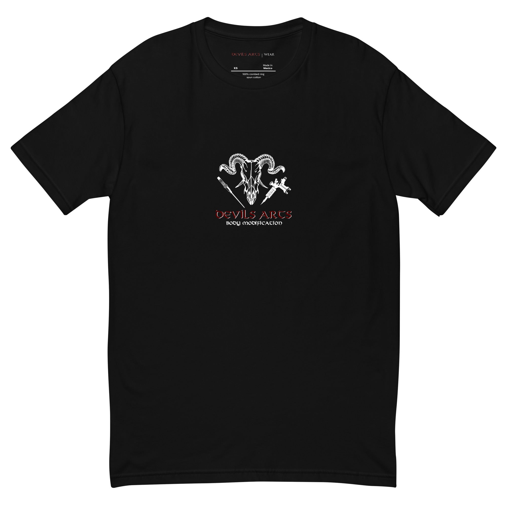black men's t-shirt with DEVILS-ARTS skull logo chest print tattoo culture streetwear