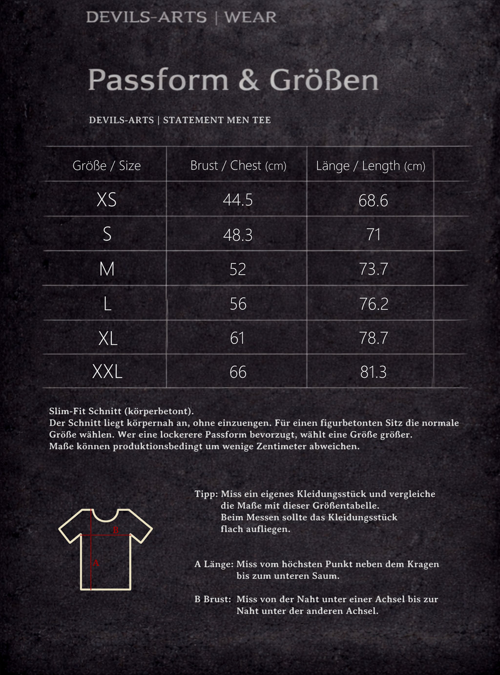 DEVILS-ARTS | WEAR Größentabelle für STATEMENT MEN TEE mit Brust- und Längenmaßen sowie Messdiagramm