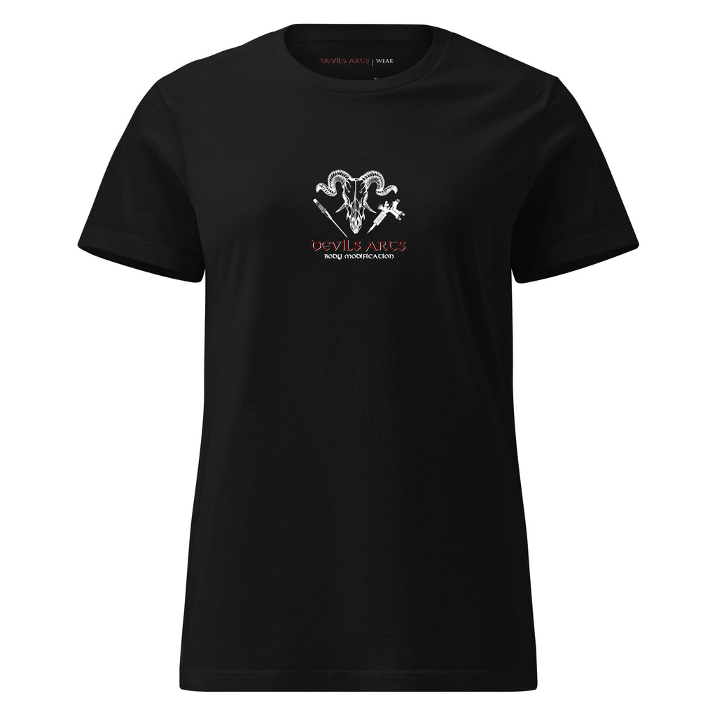 black women's t-shirt with DEVILS-ARTS skull logo chest print tattoo culture streetwear