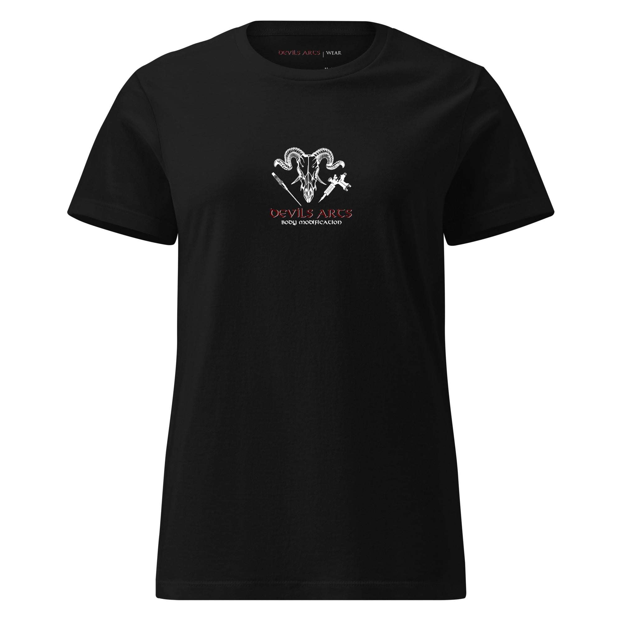 black women's t-shirt with DEVILS-ARTS skull logo chest print tattoo culture streetwear