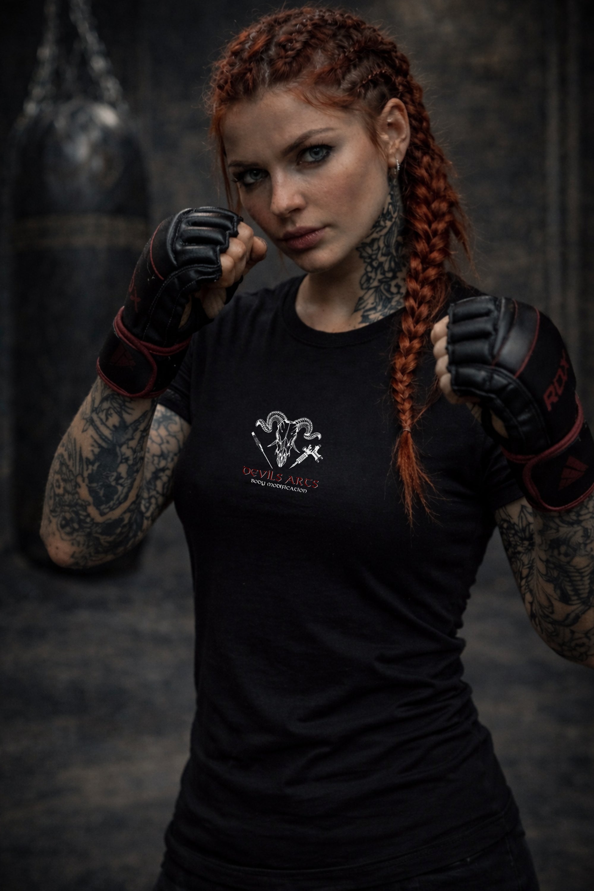 tattooed female model wearing black DEVILS-ARTS skull logo t-shirt dark tattoo streetwear
