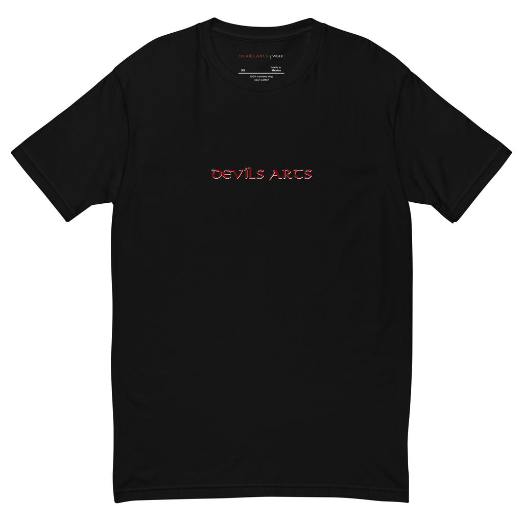 T-shirt nera da uomo con logo tipografico minimale DEVILS ARTS, tattoo streetwear