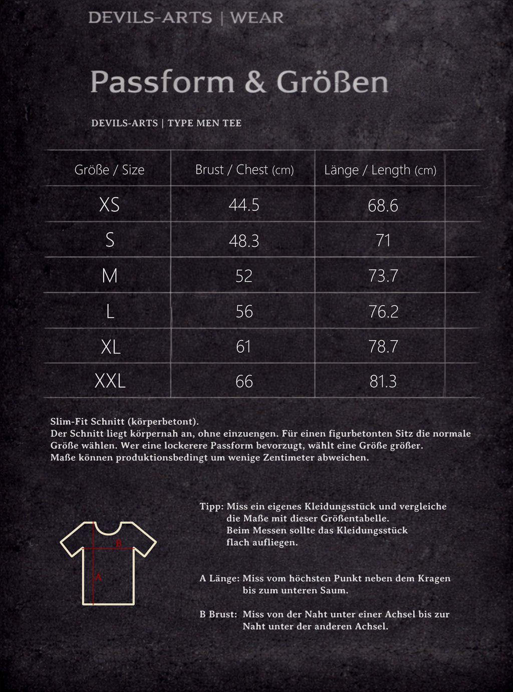 DEVILS-ARTS | WEAR tabella taglie per TYPE MEN TEE con misure di torace e lunghezza e diagramma di misurazione