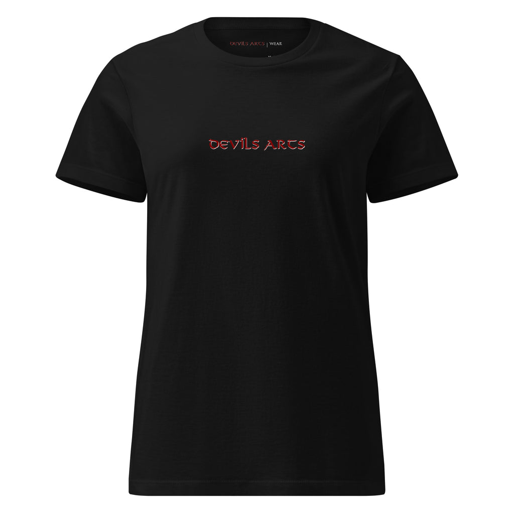 T-shirt nera da donna con logo tipografico minimale DEVILS ARTS, tattoo streetwear
