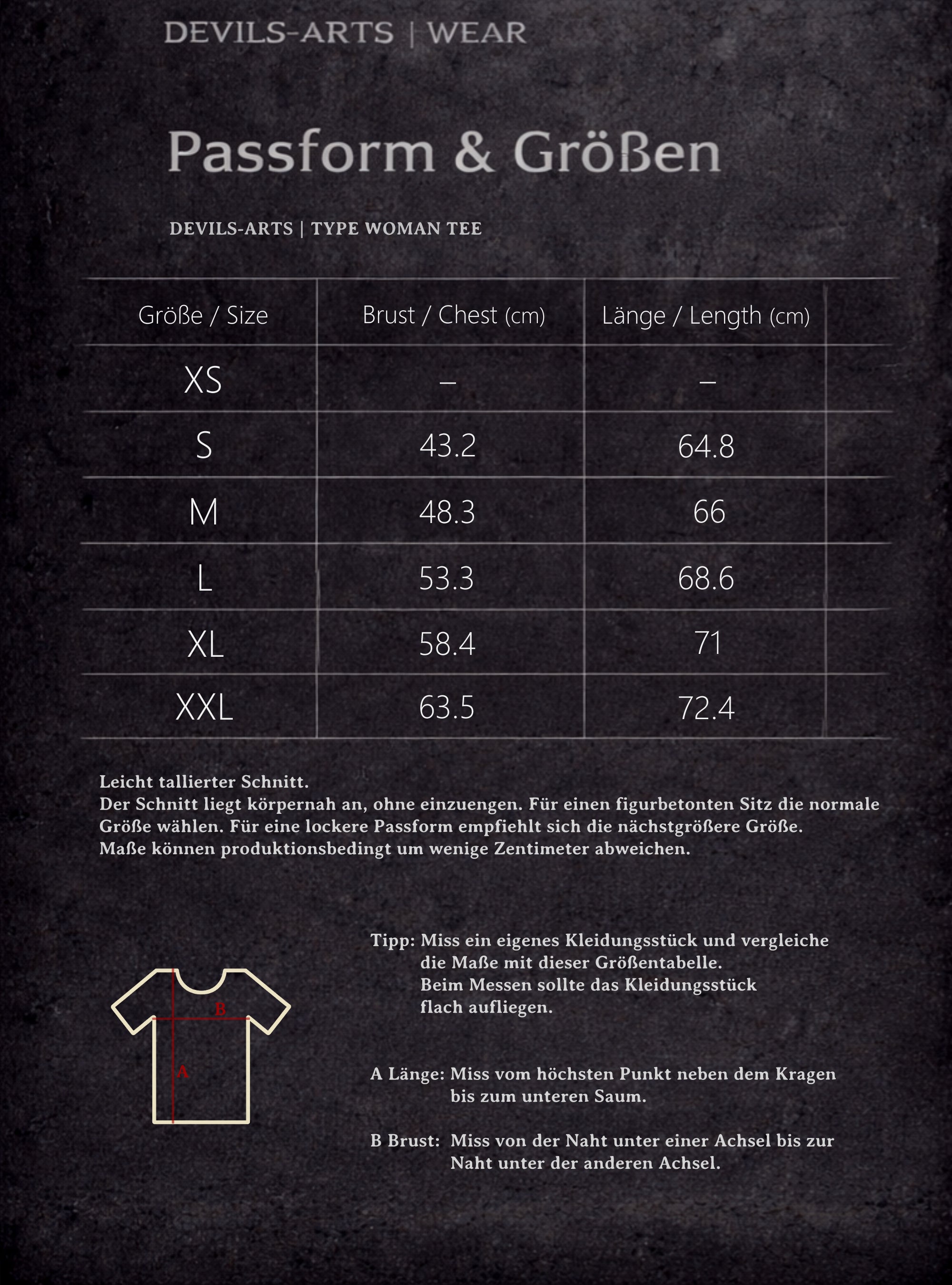 DEVILS-ARTS | WEAR tabella taglie per TYPE WOMAN TEE con misure di torace e lunghezza e diagramma di misurazione