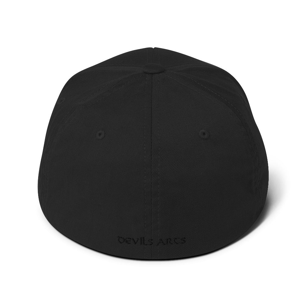 black flexfit cap back view with small embroidered DEVILS ARTS logo tattoo streetwear